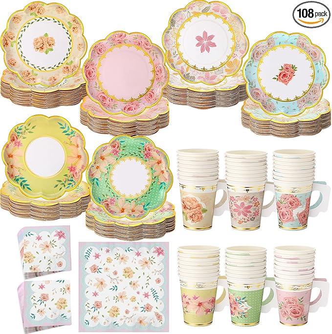 Yungyan 108 Pcs Tea Party Plates and Napkins Sets Serve 36 Guests Floral Disposable Tea Party Supplies Paper 6" Plates and Napkins and 9 oz Cups with Handle for Garden Spring Birthday Wedding