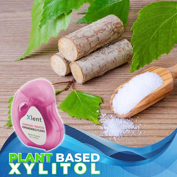 Expandable Floss Treated with Activated Charcoal with Xylitol and Natural Plant Based Wax |Fresh Mint Flavor | 50 Meter (4 Count)