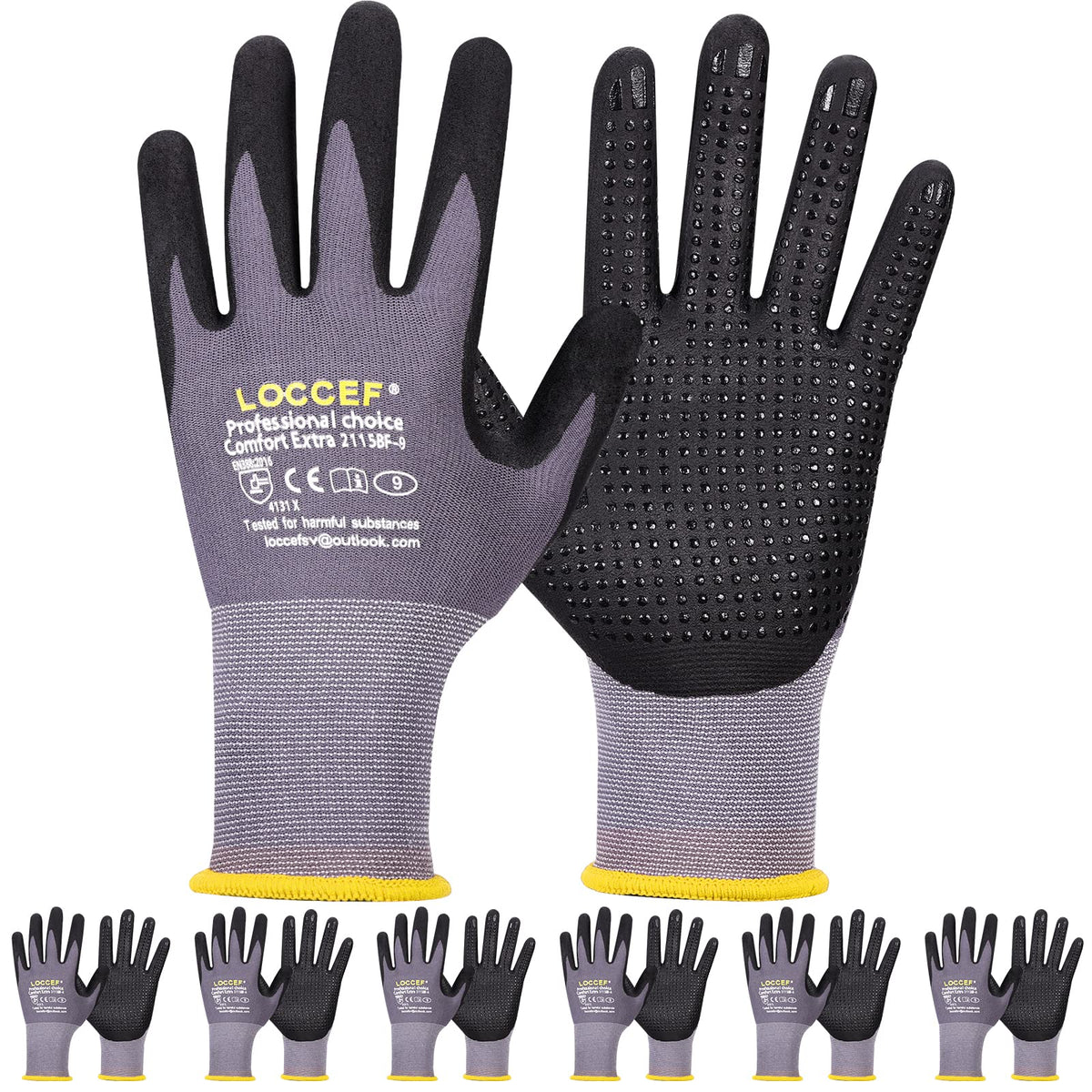 LOCCEF Work Gloves MicroFoam Nitrile Coated-6 Pairs,Endurance Seamless Knit Nylon,Dots on palm,Tacky Dot Grip Gloves