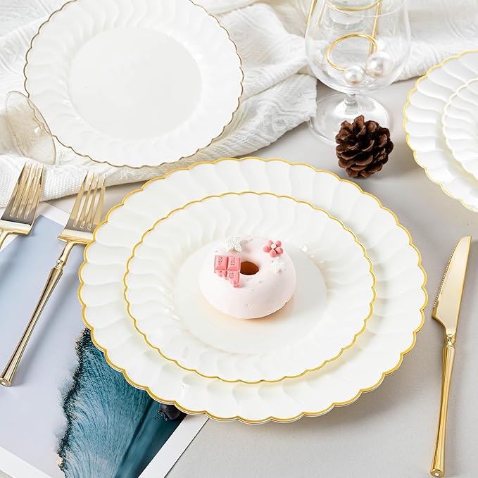 Lullaby 96PCS Ivory Scalloped Plastic Plates with Gold Rim, Disposable Elegant Plates Include 48pcs Dinner Plate 10.25", 48pcs Dessert Plate 7.5", Perfect for Daily Use, Wedding and Party