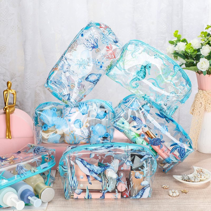 Kacctyen 6 Pcs Clear Makeup Bag Waterproof travel Cosmetic Thickened PVC Toiletry Beach Theme with Whale Starfish Turtle Ocean Sea Animals Print Beauty Cosmetic Makeup Bag Gifts
