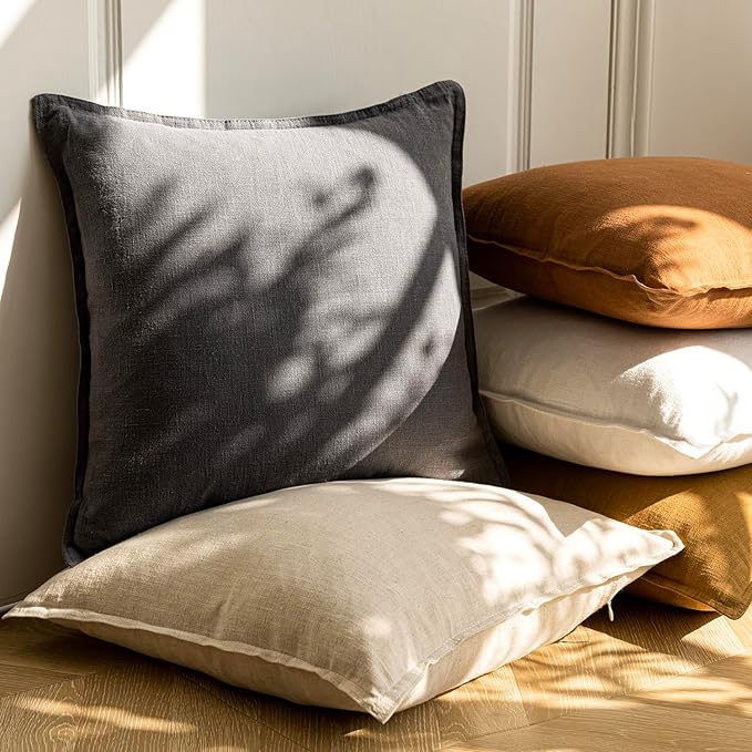 Foindtower Pack of 2, Decorative Linen Soild Throw Pillow Covers Soft Accent Cushion Case Boho Farmhouse Neutral Pillowcase for Couch Sofa Bed Living Room Home Decor 22 x 22 Inch Natural Beige