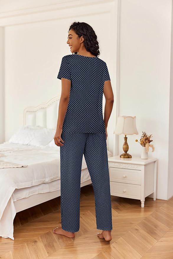 Ekouaer 2 Piece Womens Pajamas V Neck Short Sleeve Top and Long Pants Pjs Print Lounge Set Sleepwear