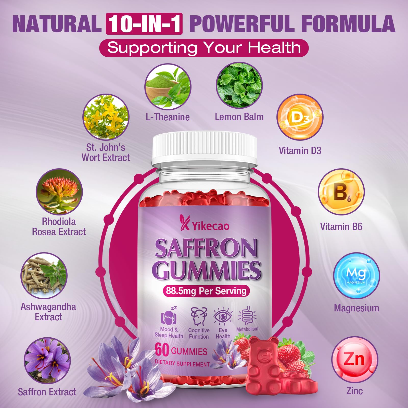 2 Pack Saffron Supplements Gummies for Kids & Adult, 88.5mg Saffron Extract with Vitamin D3, B6, Magnesium, Ashwagandha, L-Theanine for Clam, Energy, Focus, Sugar-Free, Strawberry Flavor, 120 Count