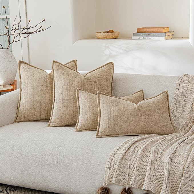 a moment Linen Pillow Covers Set of 2,Boho Farmhouse Throw Pillowcases Neutral Textured Decorative Covers for Couch Sofa, Soft Linen Blend Accent Case Cushion Living Room Home Decor 22"x22"Khaki