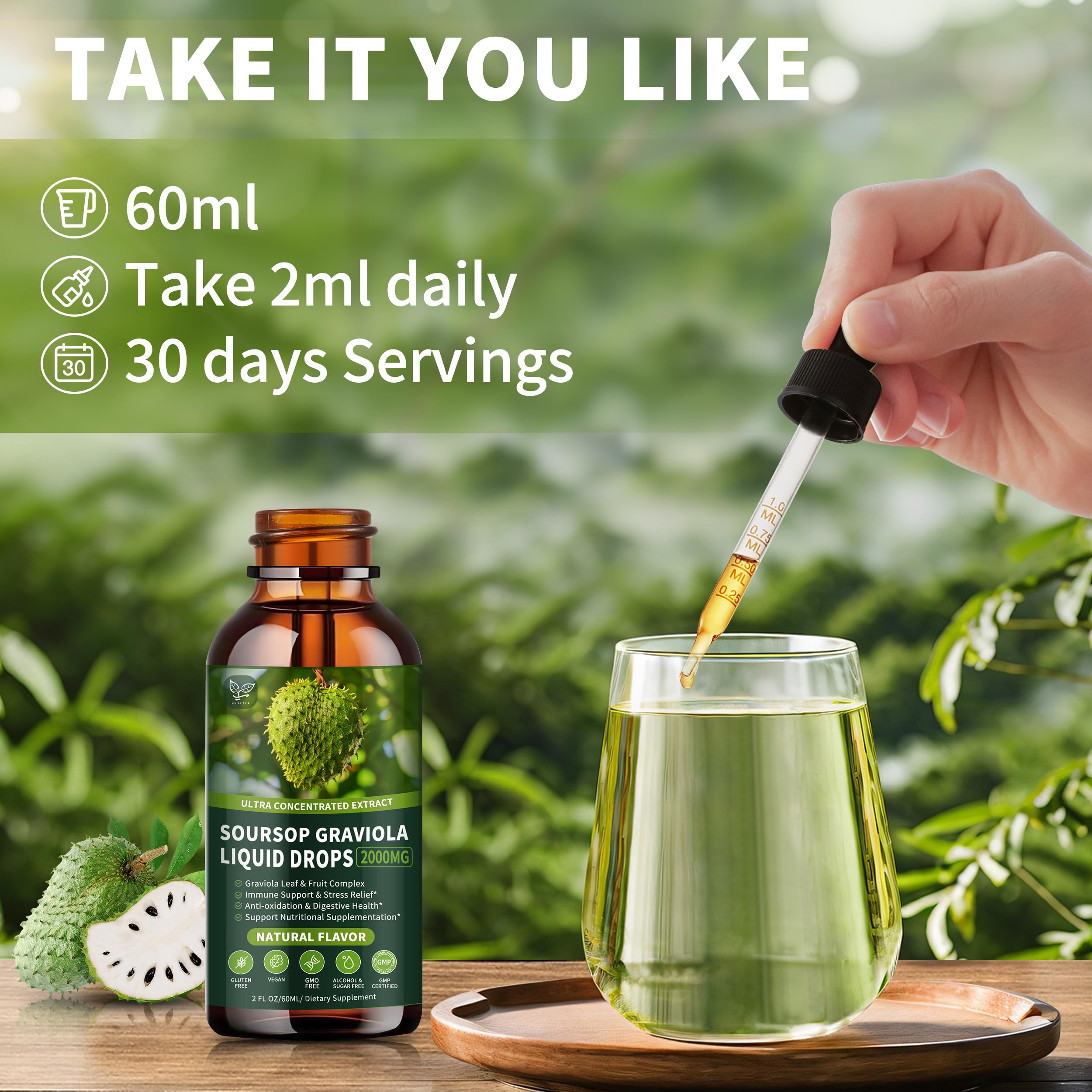 Soursop Graviola Liquid Drops 2000mg, Organic Soursop Extract - 98% Absorption Soursop Bitters Liquid for Cell Support & Regeneration and Immune Boost, Sugar/Gluten Free, Natural Flavor, 2 Fl Oz