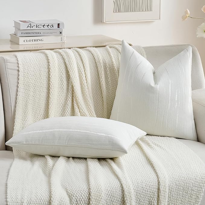 FUTEI White Chenille Decorative Throw Pillow Covers 20x20 Inch Set of 2,Soft Embossed Striped Textured Cushion Case,Modern Home Decor for Couch Bed Living Room
