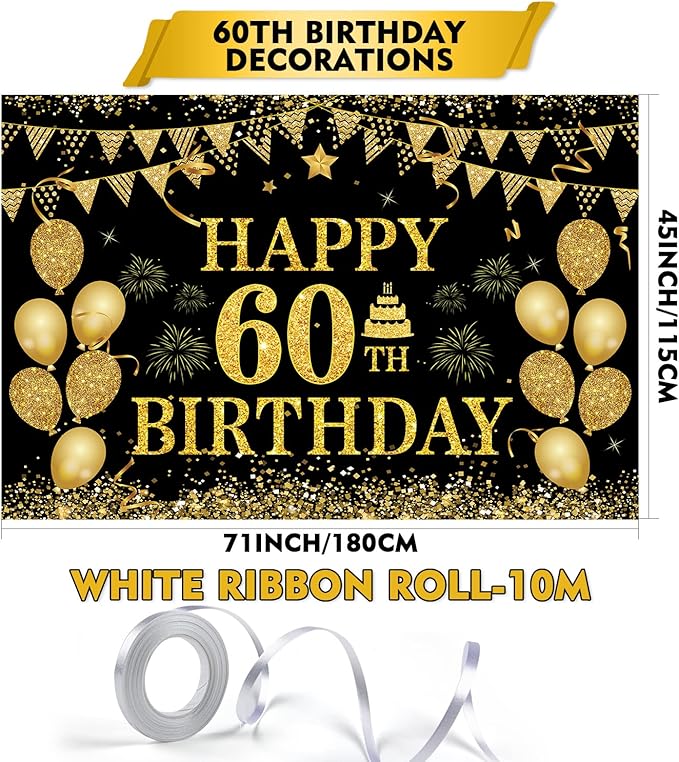 60th Birthday Banner - Black & Gold - 71 x 45 Inch - Happy 60th Birthday Decor
