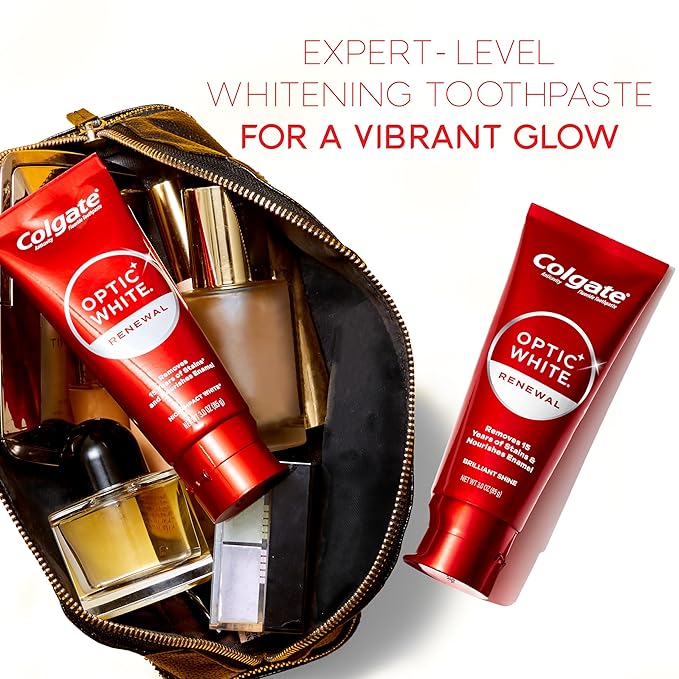 Colgate Optic White Renewal Teeth Whitening Toothpaste, Whitening Fluoride Toothpaste, Effectively Removes Tea, Coffee, and Wine Stains, Made with Hydrogen Peroxide, Brilliant Shine, 3.0 oz