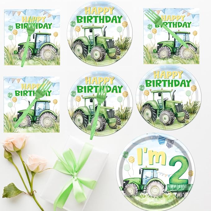 Rakuto Tractor 2nd Birthday Decorations Supplies, 96PCS Tractor Party Plates Napkins and Forks Set, Disposable Farm Two Years Old Birthday Tableware for Boys Serves 24