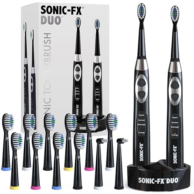 Sonic-FX Duo Rechargeable Electric Toothbrush Set - with 14 Brush Heads, 3 Modes, Smart Auto-Timer, Charging Dock Holder - Dual Handle Electric Tooth Brush for Adults & Kids, Black