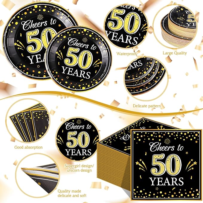 Pickmesh 250 Pcs 50th Birthday Party Supplies Decorations Serve 50 Black Gold Cheers to 50 Years Disposable Paper Plates Napkins and Cups for Women Men 50th Birthday Wedding Anniversary Party Supplies
