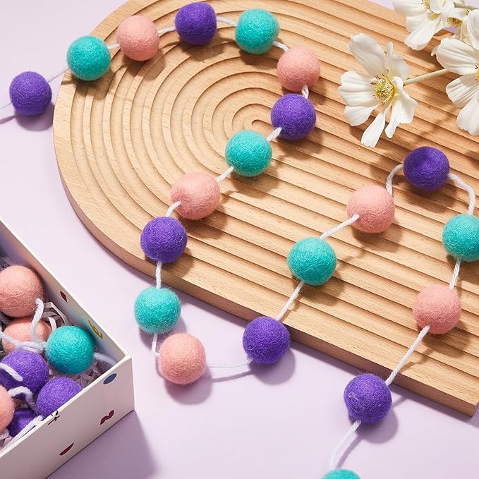 Boao 2 Pieces Wool Felt Ball Garland Colorful Pom Pom Garland Handmade 6.5 Feet Long 24 Balls Felt Banner for Wall Christmas Tree Decoration (Pink,Purple,Mint Blue)