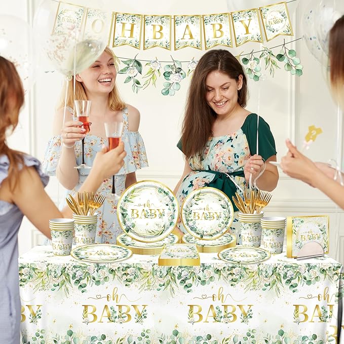 Sage Greenery Baby Shower Plates and Napkins Tableware Set Gender Neutral Baby Shower Decorations Oh Baby Plates and Cups and Napkins Sets Serves 24 for Baby Girl Boy Shower Decorations