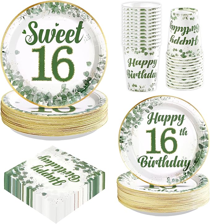 250 Pcs Sweet 16 Party Decorations Sage Green 16th Birthday Tableware Set Include Plates Napkins Cups for Kids Sixteen Years Old Birthday Supplies Serves 50