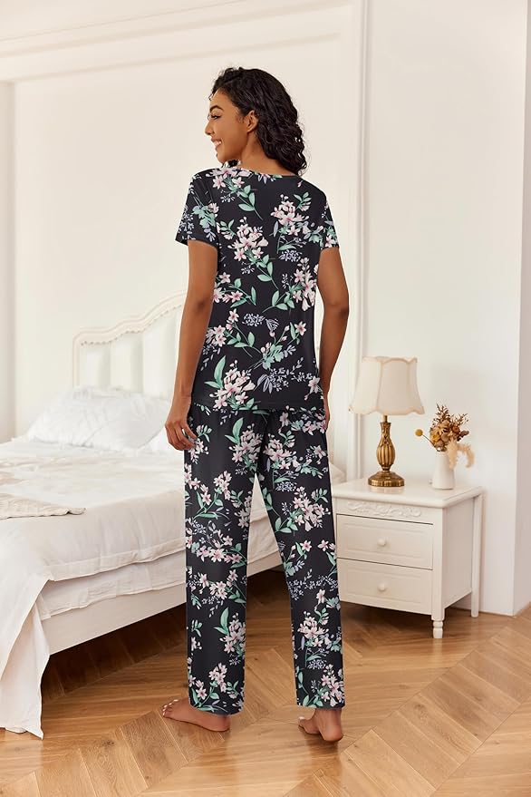 Ekouaer 2 Piece Womens Pajamas V Neck Short Sleeve Top and Long Pants Pjs Print Lounge Set Sleepwear