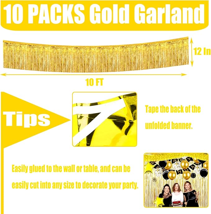 10 Pack 10 Feet Gold Foil Fringe Garland Metallic Tinsel Streamers Banner Wall Hanging Backdrop for Parade Floats, Bachelorette, Wedding, Birthday, Mardi Gras, Carnival Party Decorations