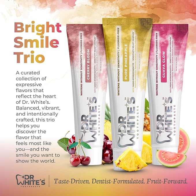 Dr. White’s Signature Flavor Trio — Bright Smile | Fluoride-Free Nano-Hydroxyapatite Toothpaste Set, 3 × 3.5 oz | Mint-Free | Dentist-Formulated | Enamel-Identical Mineral Care