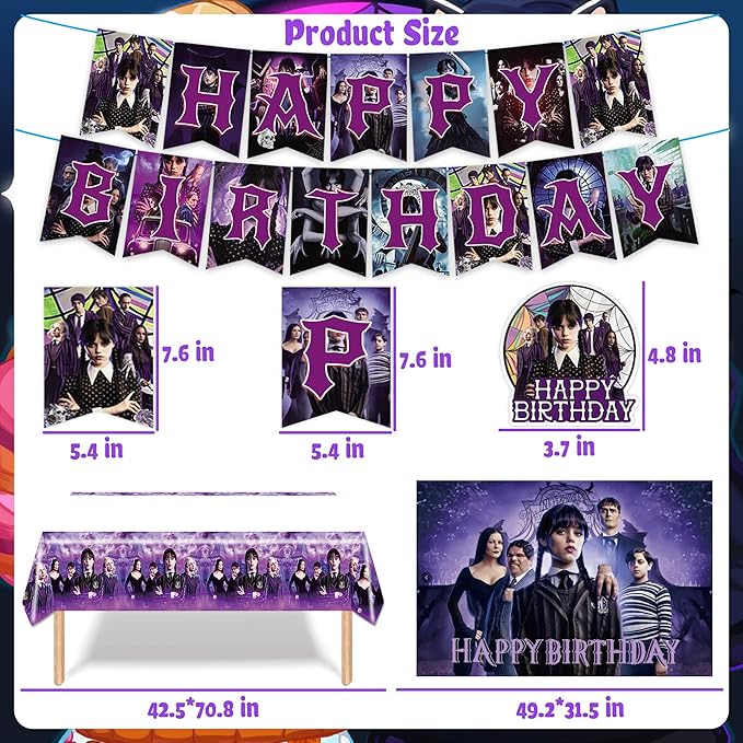 Wednesday Inspire Birthday Party Decorations, Wednesday Inspire Party Supplies Set Include Banner, Backdrop, Foil Latex Balloons, Tablecloth, Cake Toppers, Tableware