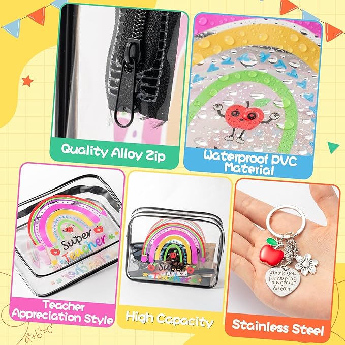 Y1tvei Big Makeup Bags Keychains Kit Gift for Teacher Appreciation- Best Teacher Ever 4 Clear Cosmetic Bags with 4 Apple Keychains, Waterproof Travel Toiletry Pouch Graduation Thank You Teacher Gift