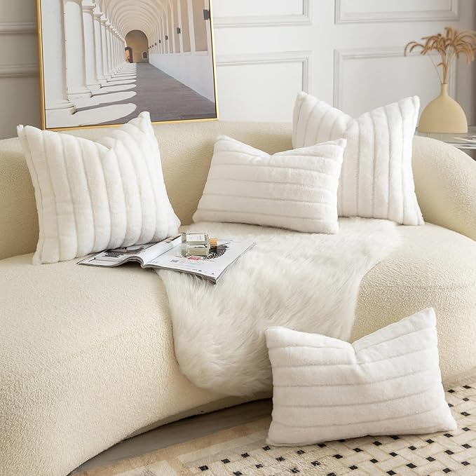 Pack of 2 Faux Fur Throw Pillow Covers 20x20 Inch Striped Decorative Soft Plush Couch Pillow Case Home Decor for Bed, Sofa, Living Room Cream White