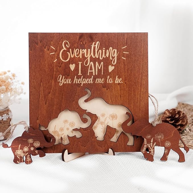 Elephant Wooden Frame Gifts for Mothers Day Mom Mama Elephant Sign Wall Decor Animal Plaque Father's Day Birthday Friendship Family Christmas Gifts for New Mom Nana Grandma from Son, Daughter HF88