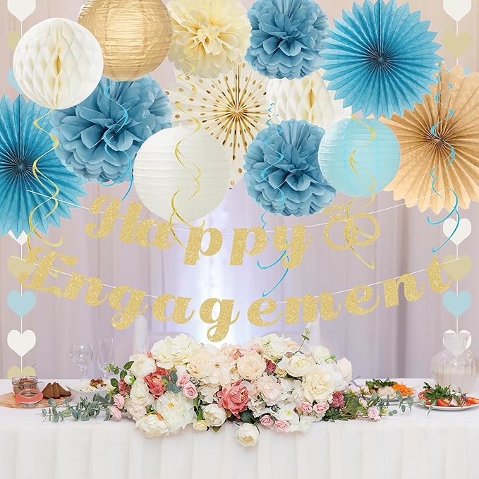 Holkcog Happy Engagement Party Decorations Kit, Glitter Engagement Party Banner for Congratulations, Blue Gold Engaged Wedding Shower Paper Fan, Paper Flower Ball, Heart Banner, Hanging Swirls, Supply