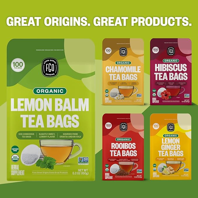 FGO Organic Lemon Balm Tea, 100 Count, Eco-Conscious Herbal Tea Bags, Resealable Bag, Caffeine Free, Packaging May Vary (Pack of 1)