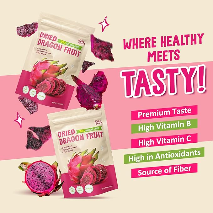 The Daily Good Soft-Dried Dragon Fruit Slices | All Natural Superfood Snacks for Adults & Kids | Healthy, Soft and Chewy | No Sugar Added or Preservatives, Gluten Free, Vegan (1.41 oz, Pack of 3)