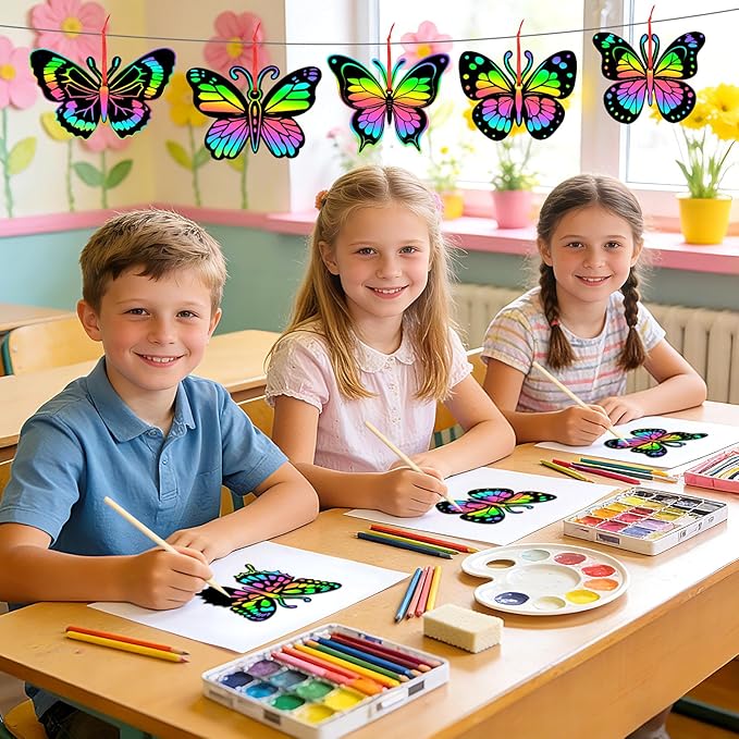 JULMELON 36 PCS Butterfly Scratch Cards, Rainbow Scratch Paper with 12 Bamboo Stylus Scratch Art for Kids Butterfly Party Favors Kids Crafts Bulk for Classroom Games DIY Handmade Family Party Gifts