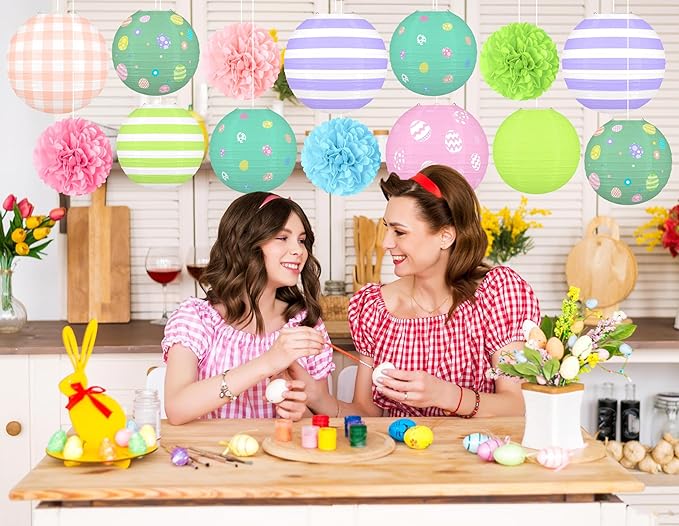14pcs Easter Party Hanging Decorations – Vintage Paper Lanterns and Pom Poms Set for Classroom, Birthday Supplies, Egg Hunt, Indoor Home Spring Decor
