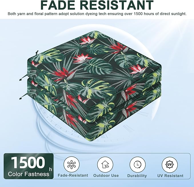 Favoyard Outdoor Chair Cushion 22 x 22 x 3 In Waterproof Pattern Fade Resistant Cushions for Patio Furniture with Removable Cover Attach Straps 28D Foam Insert Cushions Pads for Seat Sofa Couch 2 Pack