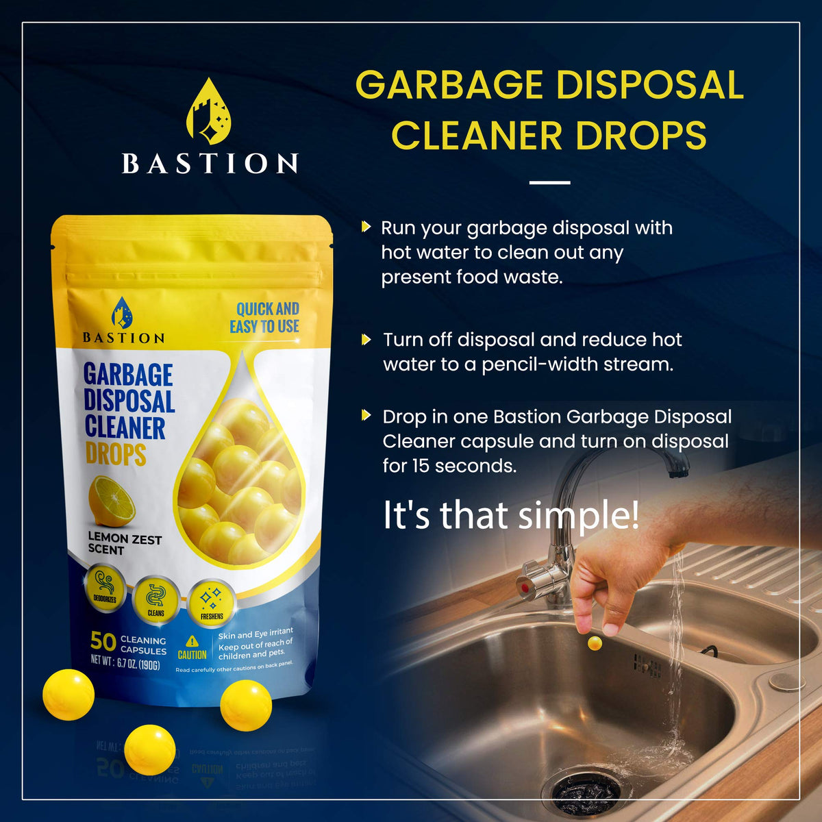 Bastion Garbage Disposal Cleaner and Deodorizer Drops- [[50-Count]] Lemon Zest Scented Kitchen Sink Freshener Pods & Drain Odor Eliminator Disposer Care Balls