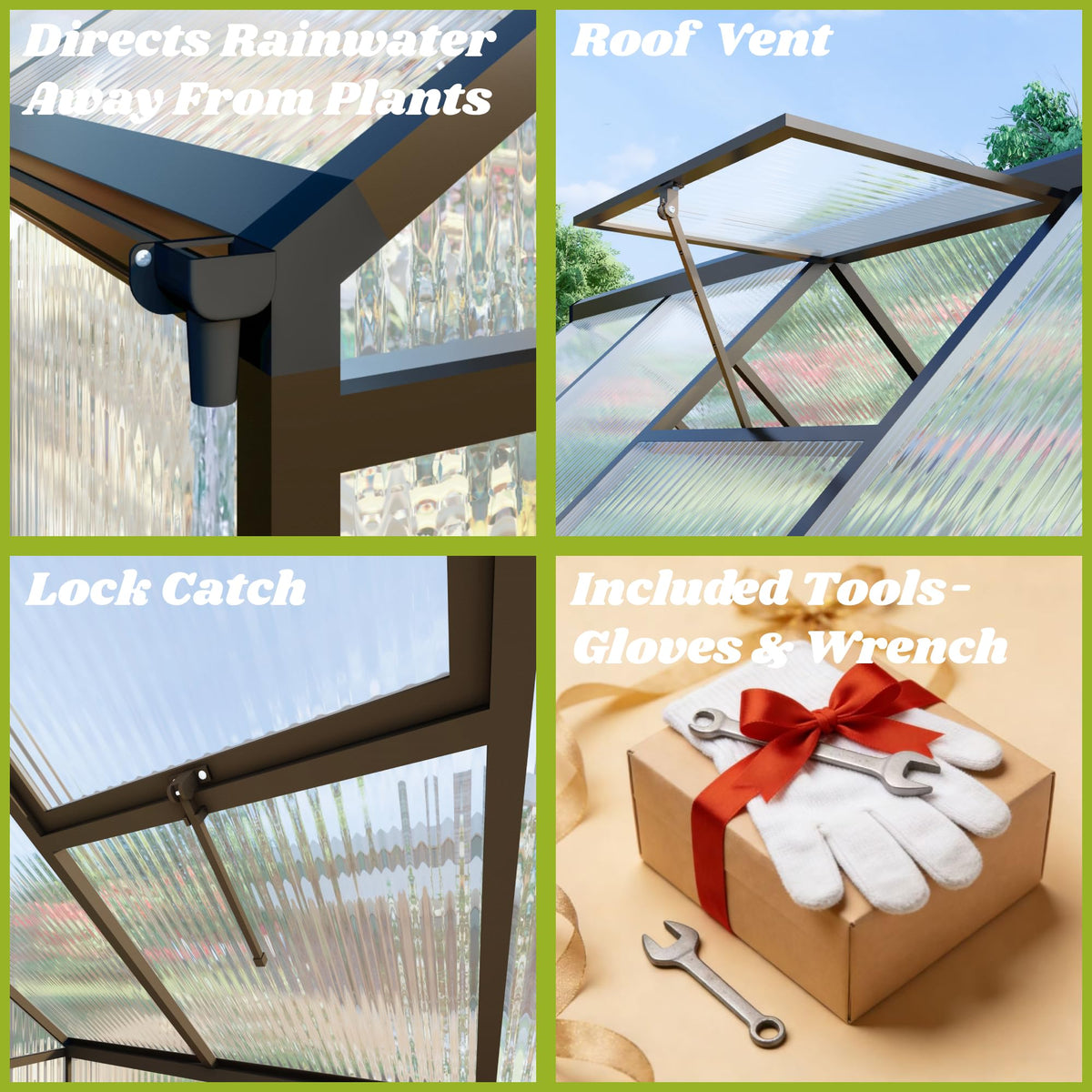 Jiliusure 6 x 4 FT Polycarbonate Greenhouse with Roof Vent, Charcoal Black