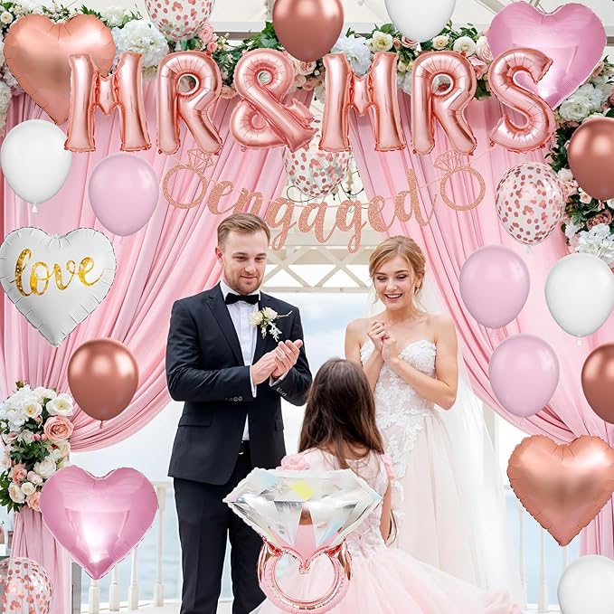 Rose Gold Engagement Party Decorations, MR and MRS Balloons Decor, Pink White Confetti Balloons, Love Heart and Diamond Ring Foil Balloon with Engaged Banner for Wedding Engagement Party Decoration