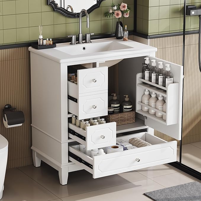 Bathroom Vanity with Ceramic Sink 30 inch, Multi-Functional Storage Cabinet with Drawers and Door Shelf, Solid Wood Frame, Soft-Closing Door, White