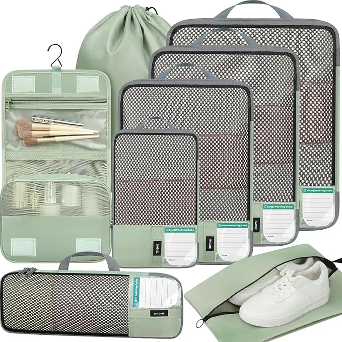 BAGAIL 4 Set/6 Set/8 Set Compression Packing Cubes Travel Accessories Expandable Packing Organizers(HalfMesh, 8-MatchaGreen)