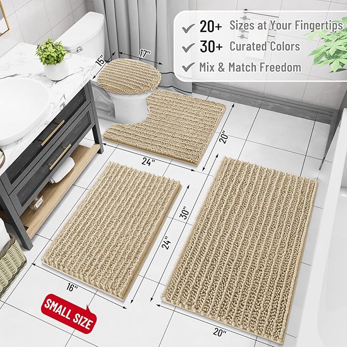 Arotive Luxury Chenille Bathroom Rug Mat, Extra Soft Thick Absorbent Shaggy Bath Rugs, Non-Slip Machine Wash Dry, Plush Bath Mats for Bathroom, Shower and Tub, 40x32, Beige