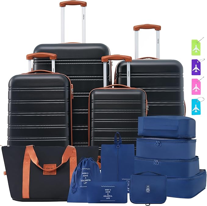 Merax Luggage sets of 13 Piece 16 20 24 28 IN Carry on Luggage sets 4 piece Hardcase Black and Brown Luggage Expandable Suitcase Set with Wheels