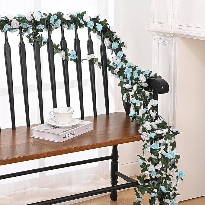 MARTINE MALL Flower Garland - 5 Strands 41Ft Rose Vines for Bedroom Decor, Blue and White Rose Floral Garland for Room Birthday Wedding Party Garden Wall Decor