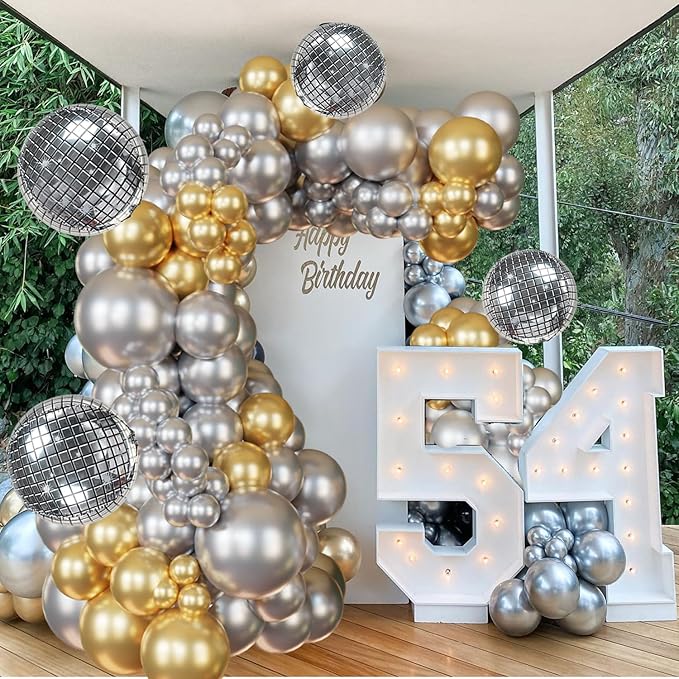 124Pcs Silver and Gold Garland Balloons Metallic Balloon Arch Kit Chrome Silver balloon Disco Ball decorations for Disco Party 60th Birthday Graduation NYE 2026 New Year Party