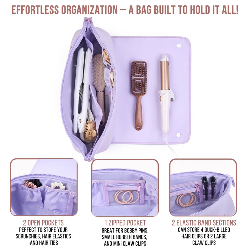 BAREFOOT CARIBOU Hair Tools Travel Bag and Heat Resistant Mat (15.5") for Flat Irons, Straighteners, Curling Iron, and Haircare Accessories, 2-in-1 design, Interior Pockets, Portable Organizer (Lilac)