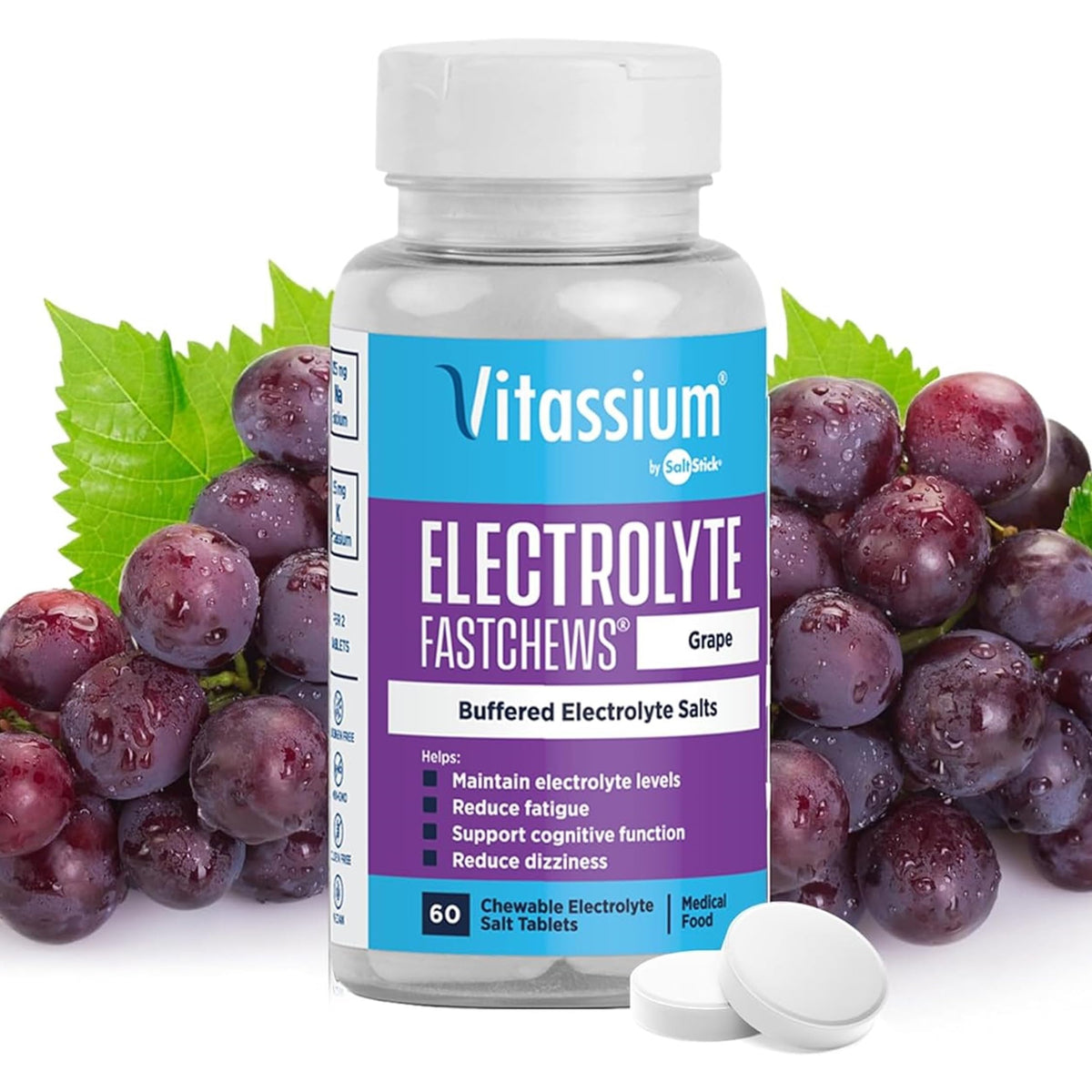Vitassium FastChews, Chewable Electrolyte Tablets for Management of POTS and High Sodium Diets, Fast-Acting Sodium Tablets, Grape Flavor, 60 Count