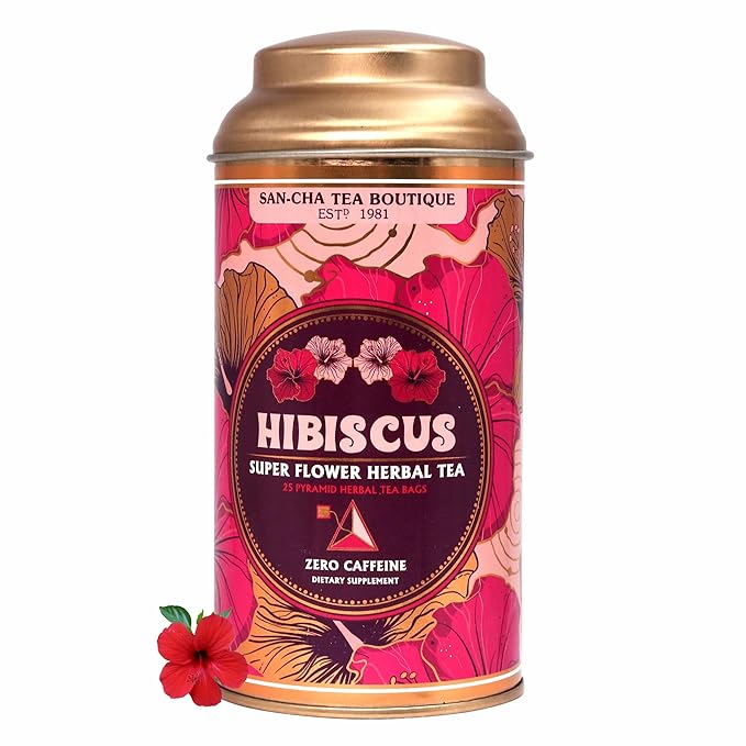 Sancha Tea Boutique, Hibiscus Tea, Caffeine Free Herbal Tisane, 25 Pyramid Bags, Real Hibiscus Flowers, Naturally Sweet & Tart, Perfect Hot or Iced