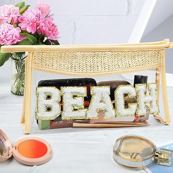 Boho Hand-woven Makeup Bag, Chenille Letter Patch Clear Travel Pouch, Rattan Straw Bag Clear Cosmetic Sunscreen Bags, Women Summer Retro Travel Beach Bag Beach Essentials (Boho_Beige-Beach)