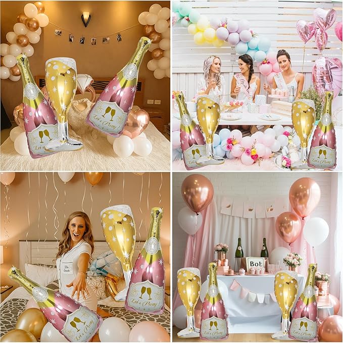 4 Pcs Champagne Balloons, Huge Rose Gold Champagne Bottle Goblet Aluminum Foil Balloons for Birthday, Bachelorette, Bridal Shower, Wedding, Anniversary, Engagement Party Decorations Supplies