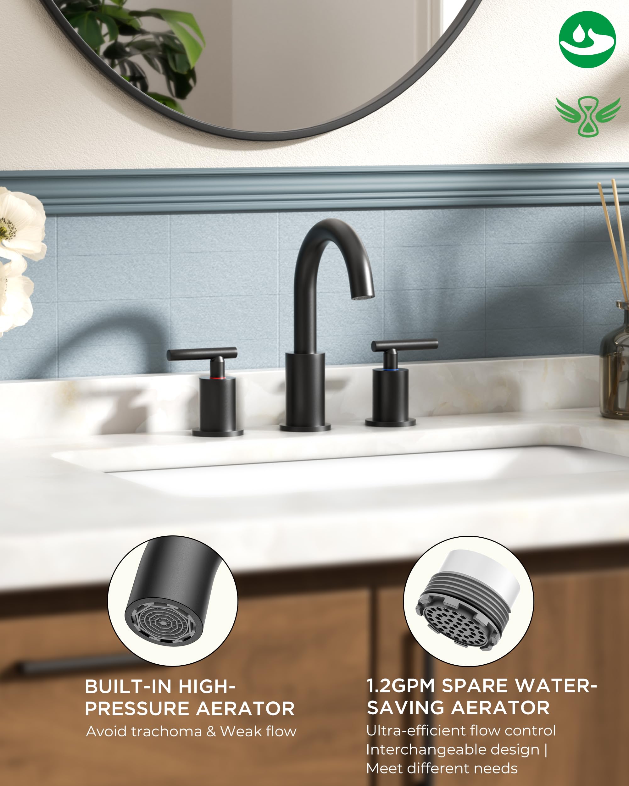 FORIOUS Black Bathroom Faucet 3 Hole, 8 Inch Matte Black Bathroom Sink Faucet Widespread with 360° Swivel Spout, Suitable for 6-12 Inch Vanity Sink, with Pop-up Drain and cUPC Supply Line