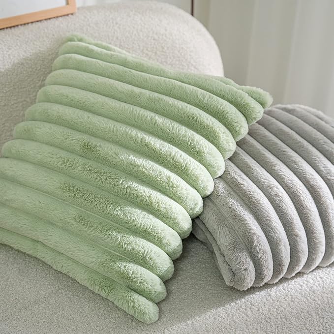 DEELAND Pack of 2,Double-Sided Faux Fur Plush Decorative Throw Pillow Covers Fuzzy Striped Soft Pillowcase Cushion Covers for Sofa Couch Bedroom Lightgrey 22x22 inch