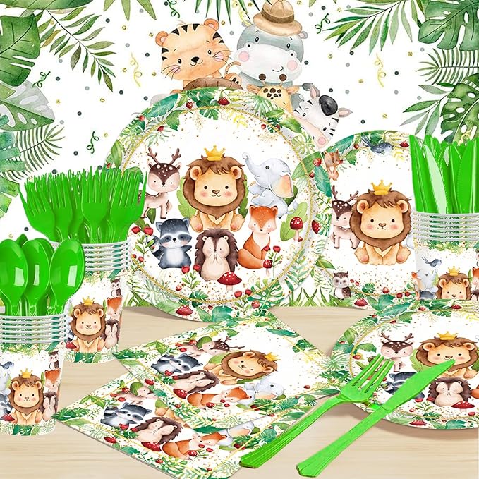 Jungle Animals Party Decorations - 350 Pcs Safari Animal Baby Shower Plates and Napkins, Wild Animals Theme Disposable Tableware Set for Baby Shower Zoo Birthday Party Supplies Favors, Serves 50