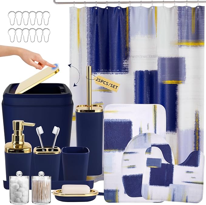 Bathroom Accessories Set - 25PC Bathroom Set with Shower Curtain and Rugs, Blue Bathroom Set, Bathroom Accessory Set with Press-on Lid Trash Can, Soap Dispenser and Qtip Holders